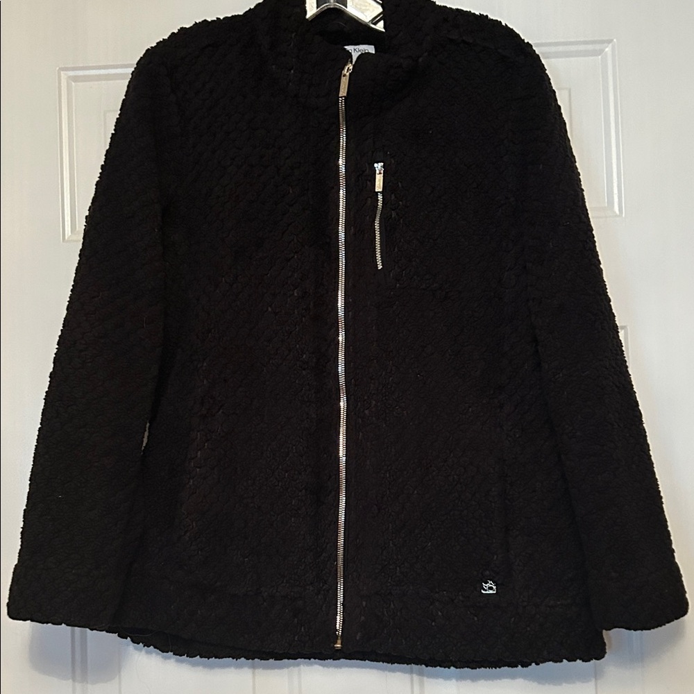 Calvin Klein Women's Full Zip Fleece Jacket L Black Gold Accents Textured
